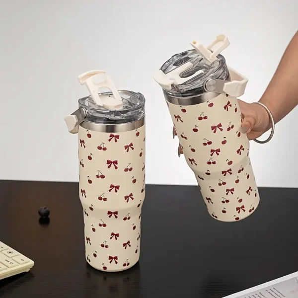 900ml/33.44oz Stainless Steel Insulated Water Bottle with Handle & Straw 