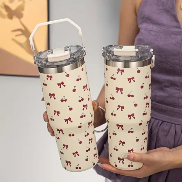 900ml/33.44oz Stainless Steel Insulated Water Bottle with Handle & Straw 