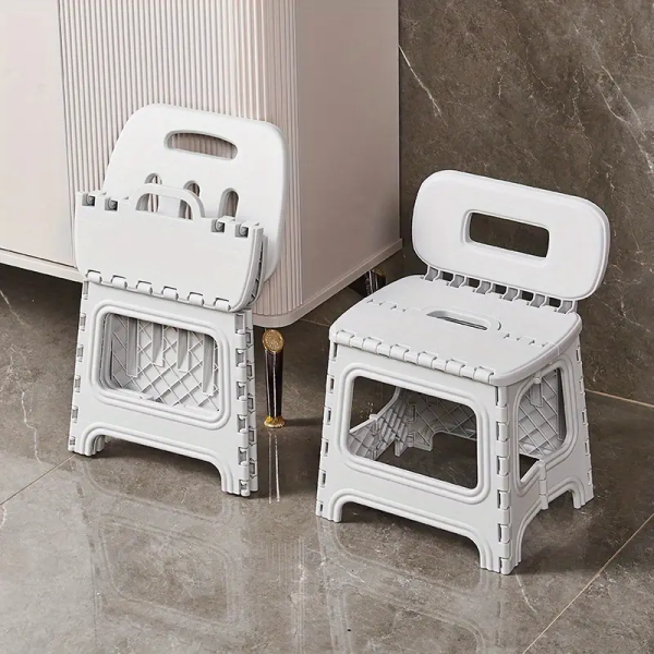 Portable Foldable Plastic Stool with Backrest - Gray