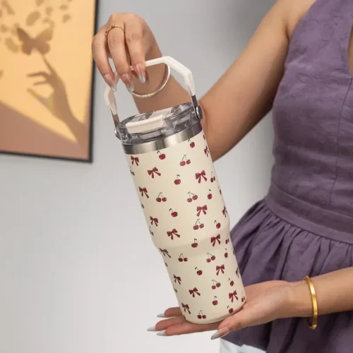 900ml/33.44oz Stainless Steel Insulated Water Bottle with Handle & Straw 